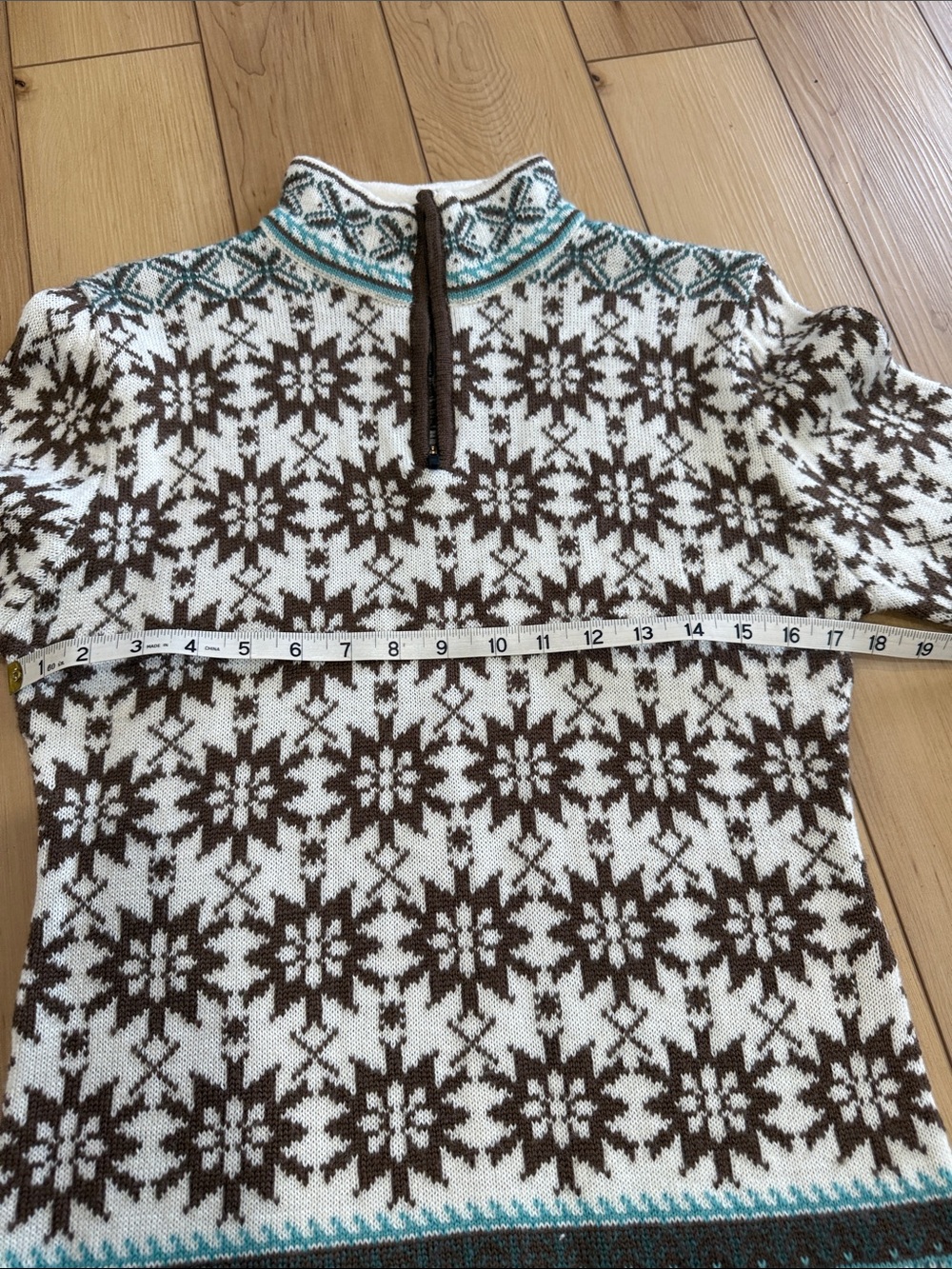 Obermeyer 1/4 zip Cowl Neck Sweater in White, Brown & Teal - Picture 8 of 10